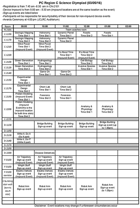 2016 Perimeter College Science Olympiad Schedule